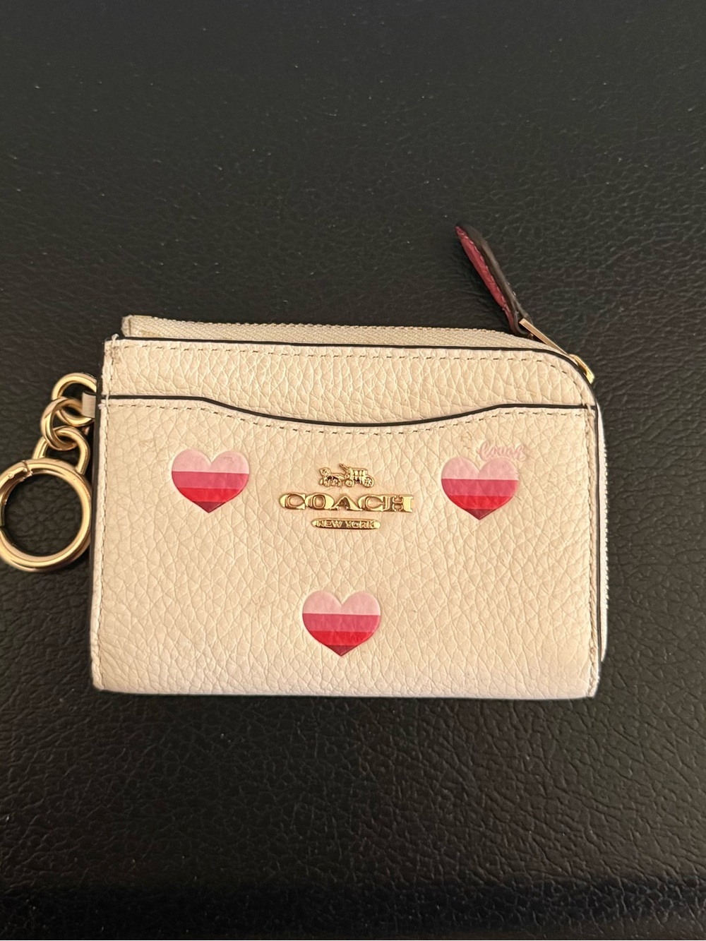 Coach Cream Leather Card Case with Pink-Red Hearts
